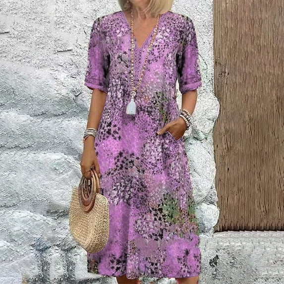 Mingw Beach Vacation Clothes for Women Women's Summer Casual Dresses 2025 Spring Puff Sleeve V Neck A Line Flowy Boho Floral Smocked Midi Dress
