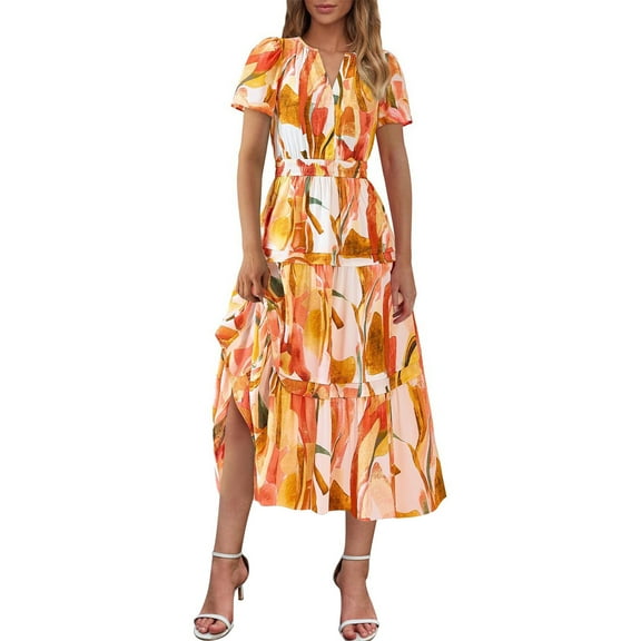 Mingw Beach Vacation Clothes for Women Women's Summer Casual Dresses 2025 Spring Puff Sleeve V Neck A Line Flowy Boho Floral Smocked Midi Dress