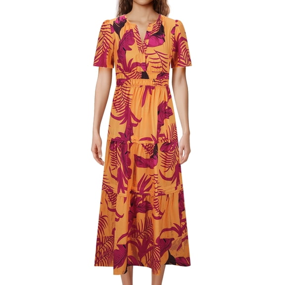 Mingw Beach Vacation Clothes for Women Women's Summer Wrap Maxi Dress Casual Boho Floral V Neck Short Sleeve Ruffle Hem Split Beach Long Dresses