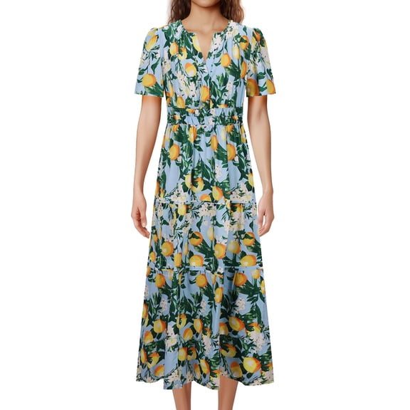 Mingw Beach Vacation Clothes for Women Women's Summer Wrap Maxi Dress Casual Boho Floral V Neck Short Sleeve Ruffle Hem Split Beach Long Dresses