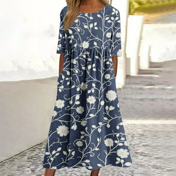 Mingw Beach Vacation Clothes for Women Womens Long Maxi Summer Floral Print Short Sleeve Flowy Modest Maxi Dress Gown