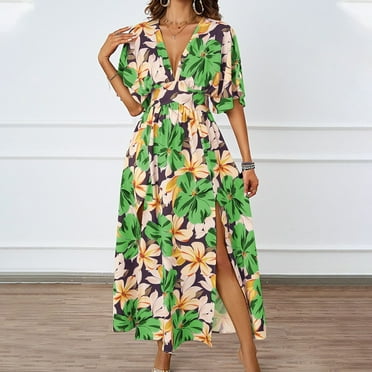 Mingw Beach Vacation Clothes for Women Womens Long Maxi Summer Floral Print Short Sleeve Flowy Modest Maxi Dress Gown