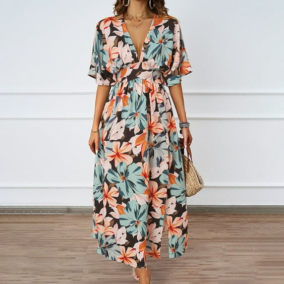 Mingw Beach Vacation Clothes for Women Womens Long Maxi Summer Floral Print Short Sleeve Flowy Modest Maxi Dress Gown