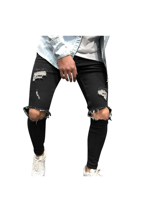 Mingw Black Slim Fit Destroyed Denim Pants for Men Classic Fit Straight Leg Flat Front Jeans