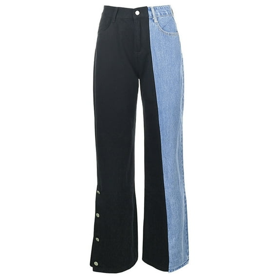 Mingw Boyfriend Jeans for Women Patchwork Wide Leg Denim Pants Baggy Jeans Y2k 90s Vintage Hip Hop Loose Long Trousers Streetwear ,Black,S