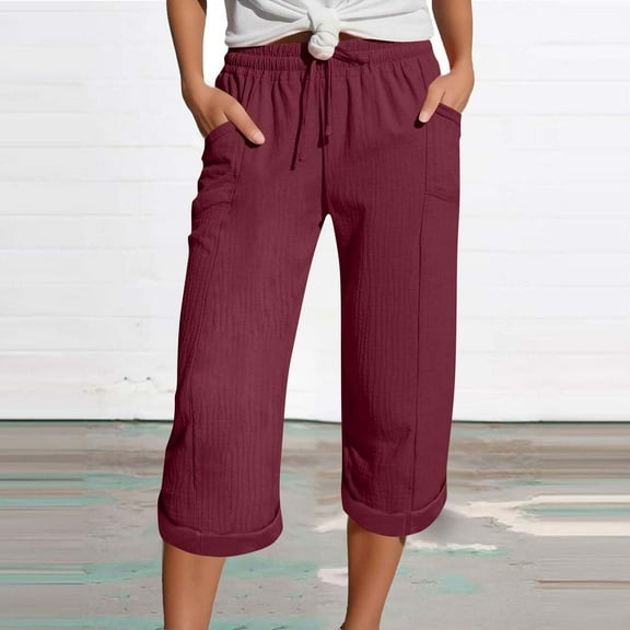 Mingw Capris Casual Pants Cropped Shorts Women Timeless Casual Solid Color Summer Shorts Shorts Drawstring With Pockets Shorts,Watermelon Red,S