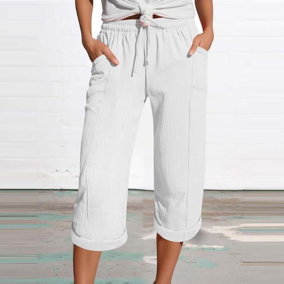 Mingw Capris Casual Pants Cropped Shorts Women Timeless Casual Solid Color Summer Shorts Shorts Drawstring With Pockets Shorts,White,2XL