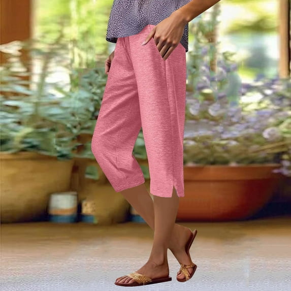 Mingw Capris Chino Pants Women Solid Color Elastic Waist Sports Casual Pants With Side Pockets,Hot Pink,M