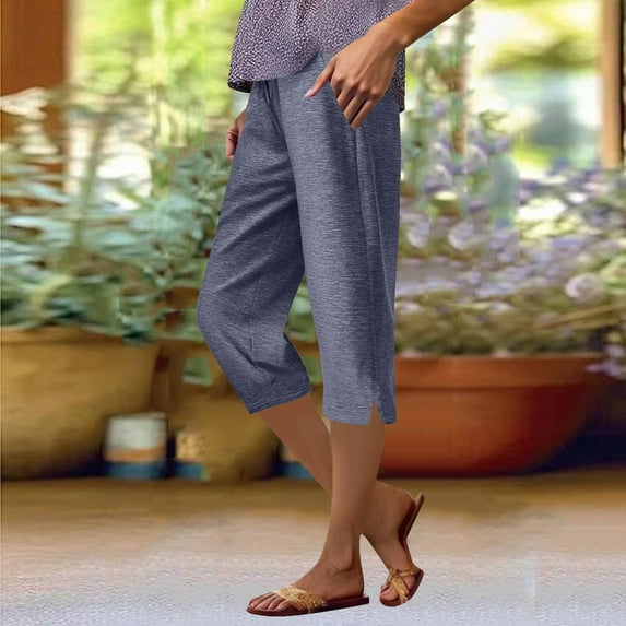 Mingw Capris Chino Pants Women Solid Color Elastic Waist Sports Casual Pants With Side Pockets,Navy,2XL