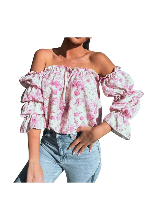 Womens Tee Loose Fit Off the Shoulder Blouse with Ruffle Neckline Tee Flowy Sleeves Boho Chic Fall Top Elegant and Sweety for Everyday Occasion