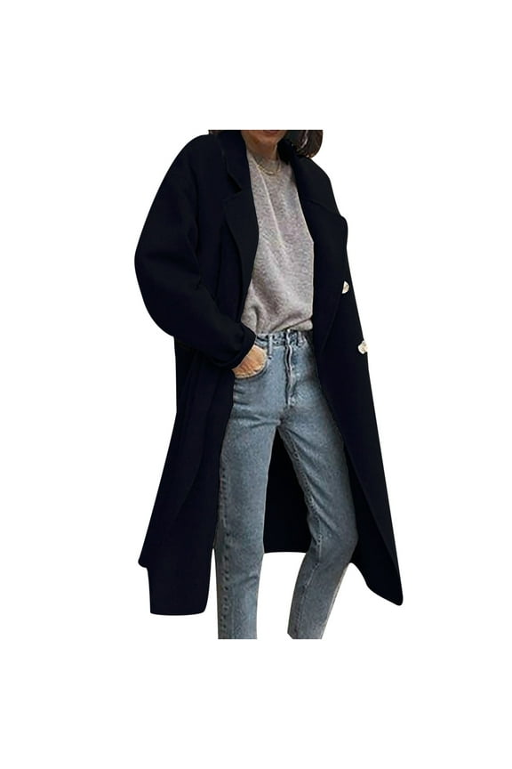 Cocoon Pea Coat for Women Long Wool Blend Pea Coat Winter Casual Overcoat Notched Lapel Collar Belted Long Jacket Outerwear ,S,Black