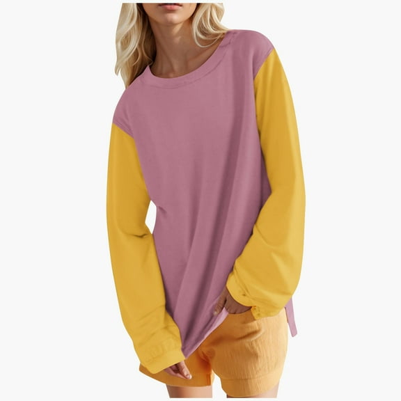 Mingw Colored Long Sleeve Tees for Women Casual Fall Color Block Crewneck Womens Raglan Shirt Winter Clothing Green Block L Tee