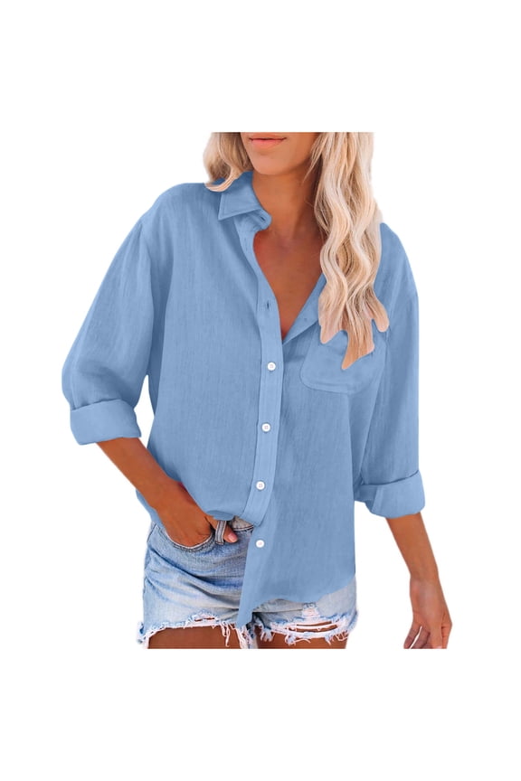 Cotton and Linen Button Down Shirts for Women Cotton Dress Shirts Oxford Tops Long Sleeve Work Blouses Office Wrinkle Free Tees,Light Blue,2XL
