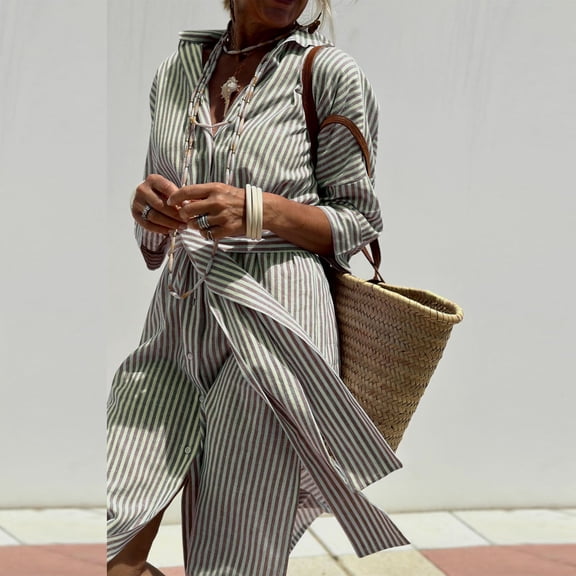 Mingw Dresses for Women Women's Sexy Fashion Side Slit Waistband Bandage Half Sleeve Turndown Collar Mid-Calf Printed Dresses