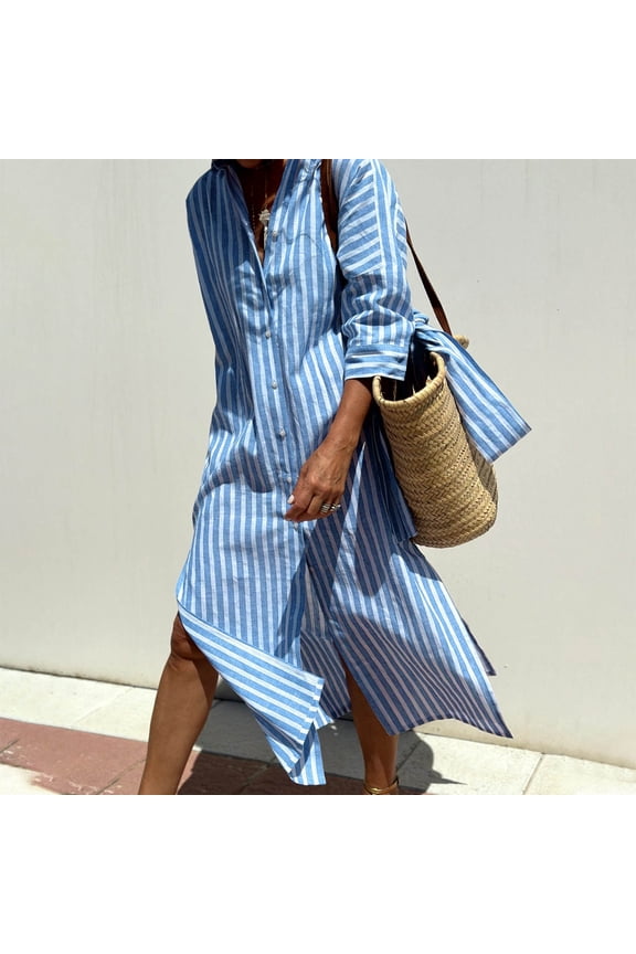 Dresses for Women Women's Side Slit Waistband Bandage Half Sleeve Turndown Collar Mid Calf Dresses