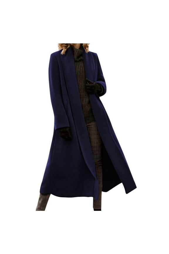 Elegant Long Wool Coat for Women Classic Straight Silhouette Notched Collar Thermal Insulation Pea Coat,L,Blue