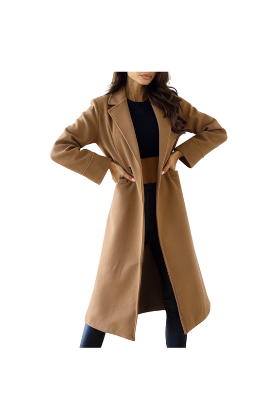 Elegant Long Wool Coat for Women Classic Straight Silhouette Notched Collar Thermal Insulation Pea Coat,M,Khaki