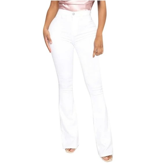 Mingw Flare Jeans for Women Bootcut Jeans Timeless Faded Color Women's High Waisted Butt Lifting Stretch Trousers,White,L