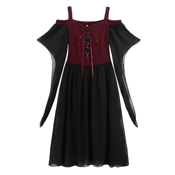 Mingw Flare Sleeves Lace Gothic Dress for Women Punk Cold Shoulder Dresses Flare Sleeves Lace Gothic Dress Halloween Cosplay Costumes