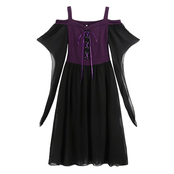 Mingw Flare Sleeves Lace Gothic Dress for Women Punk Cold Shoulder Dresses Flare Sleeves Lace Gothic Dress Halloween Cosplay Costumes