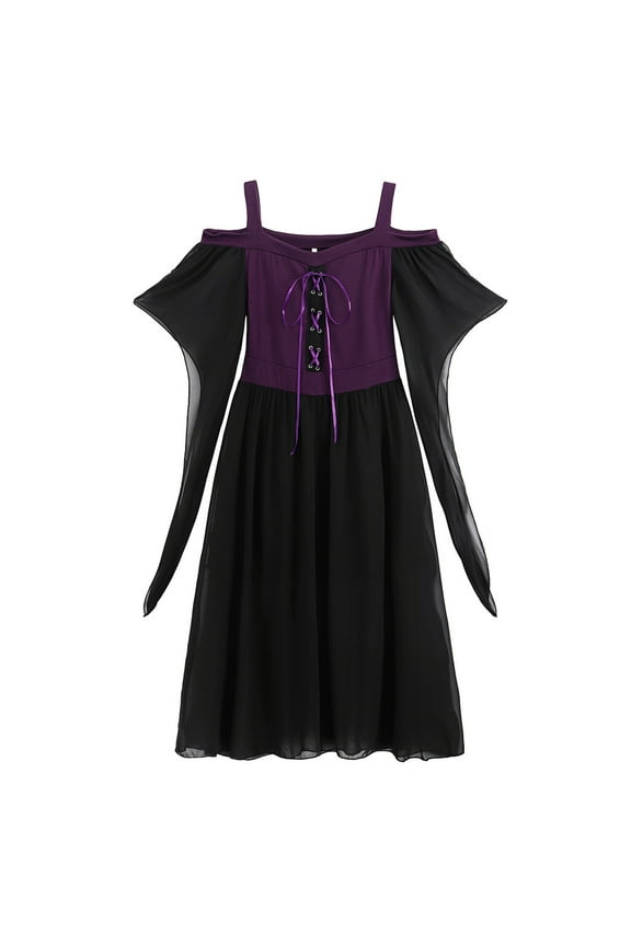 Flare Sleeves Lace Gothic Dress for Women Punk Cold Shoulder Dresses Flare Sleeves Lace Gothic Dress Halloween Cosplay Costumes