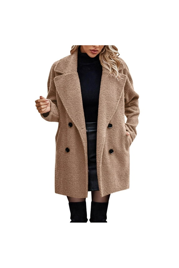 Fleece Sherpa Pea Jacket for Women Notched Collar Blazer Warm and lightweight Double Breasted Winter Coat,M,Brown