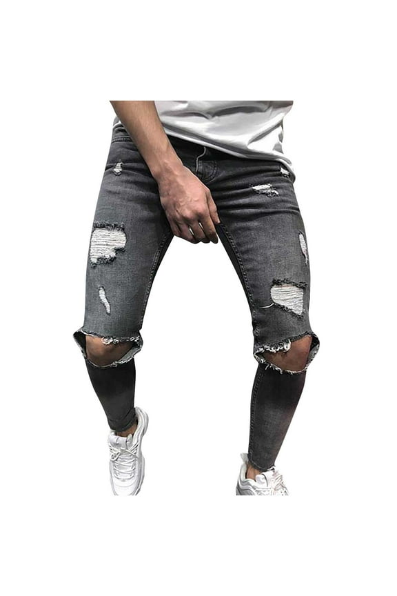 Mingw Gray Slim Fit Destroyed Denim Pants for Men Classic Fit Straight Leg Flat Front Jeans