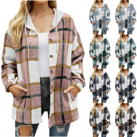 Mingw Hoddies Shacket for Women Womens Plaid Wool Jacket Thicken Button Down Shacket Jackets for Fall and Winter Season,S