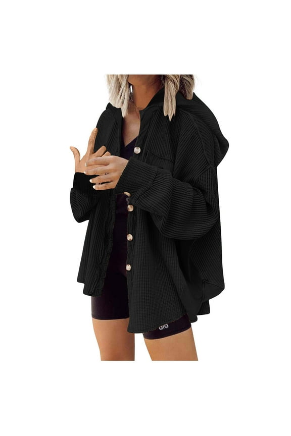 Hoodies Shacket Jacket for Women Ribbed Button Down Shirts Fall Season Outfits,S