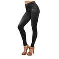 thumbnail image 1 of Mingw Imitation Denim Print Leggings for Women High Waist Tummy Control Yoga Pants,Black,S, 1 of 2