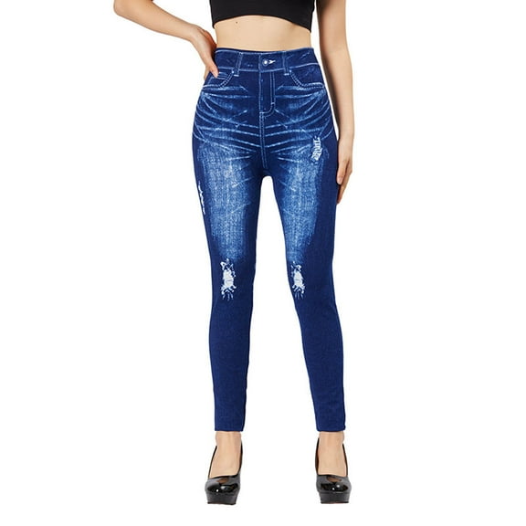 Mingw Imitation Denim Print Leggings for Women High Waist Tummy Control Yoga Pants,Blue,Free Size