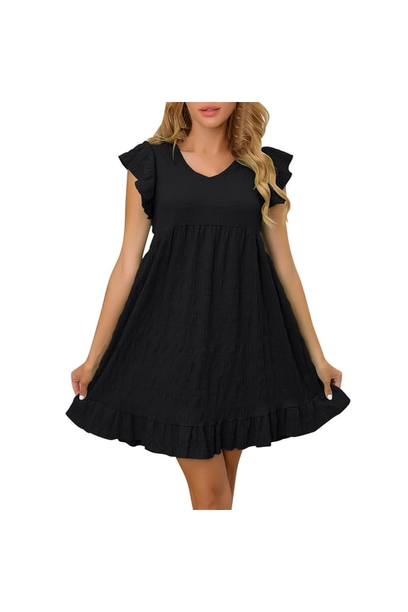 Ladies Babydoll Dresses Babydoll Cap Short Sleeve Crew Neck Shirt Dress Puff Skirt Casual Ruffle Hem Solid Color Loose Mini Dresses XXL