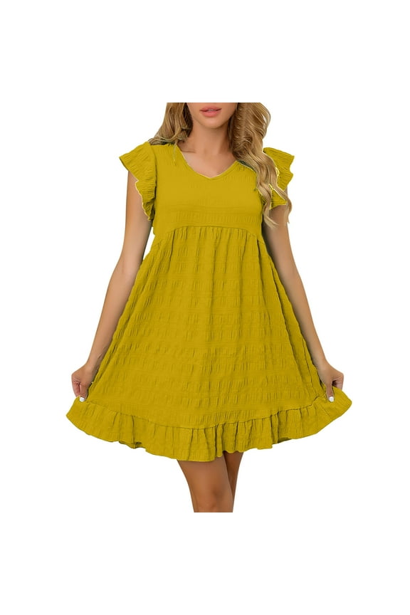 Ladies Babydoll Dresses Babydoll Cap Short Sleeve Crew Neck Shirt Dress Puff Skirt Casual Ruffle Hem Solid Color Loose Mini Dresses XXL