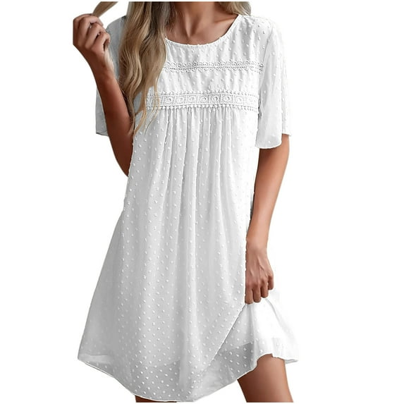 Mingw Ladies Babydoll Dresses Babydoll Short Sleeve Crew Neck Shirt Dress Casual Ruffle Hem Pleated Solid Color Loose Mini Dresses L