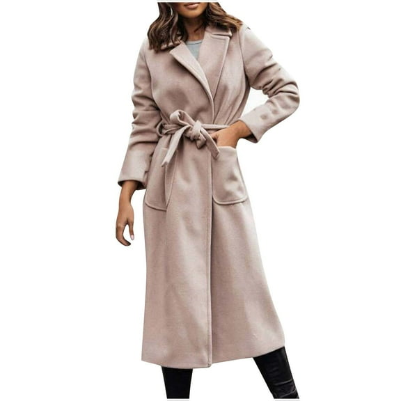 Mingw Long Pea Coat for Women Notched Collar Large Pockets Wrapped Coat with Belt Thermal and Windproof for Winter and Fall Season ,L,Khaki