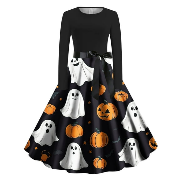 Mingw Long Sleeve Halloween Graphic Dresses for Women Funny Costume Festival Maxi Dresses