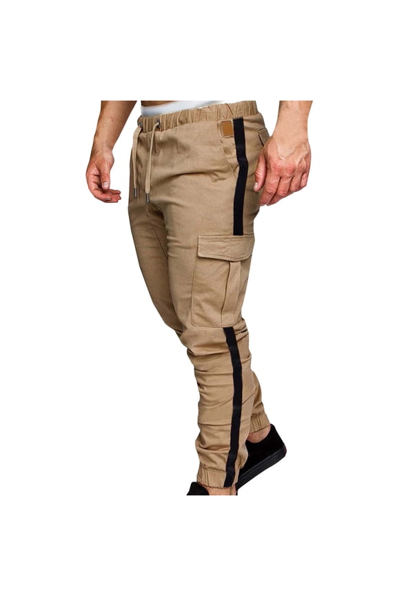 Mingw Men Block Color Rugged Pants with Pockets Fashionable Casual Cargo Pants Slim Fit Trousers,Khaki,2XL