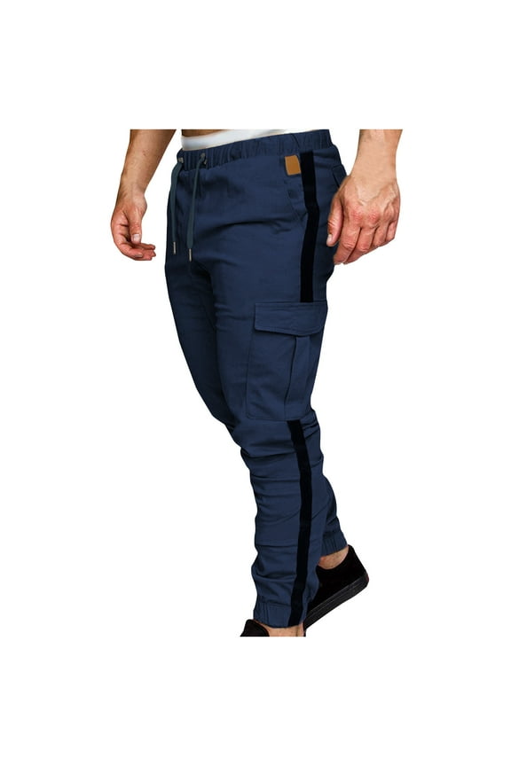 Mingw Men Block Color Rugged Pants with Pockets Fashionable Casual Cargo Pants Slim Fit Trousers,Navy,L