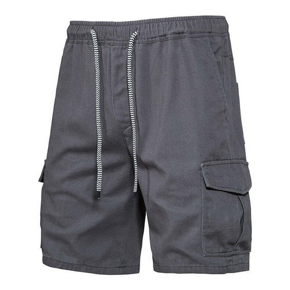 Mingw Mens Shorts Men Solid Color Fashion Multiple Pockets Drawstring Elastic Waist Shorts