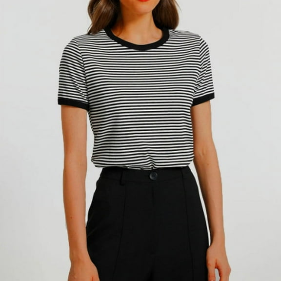 Mingw Slim Fit T Shirts for Women Women's Summer Striped T Shirt Colorblock Short Sleeve Round Neck Top