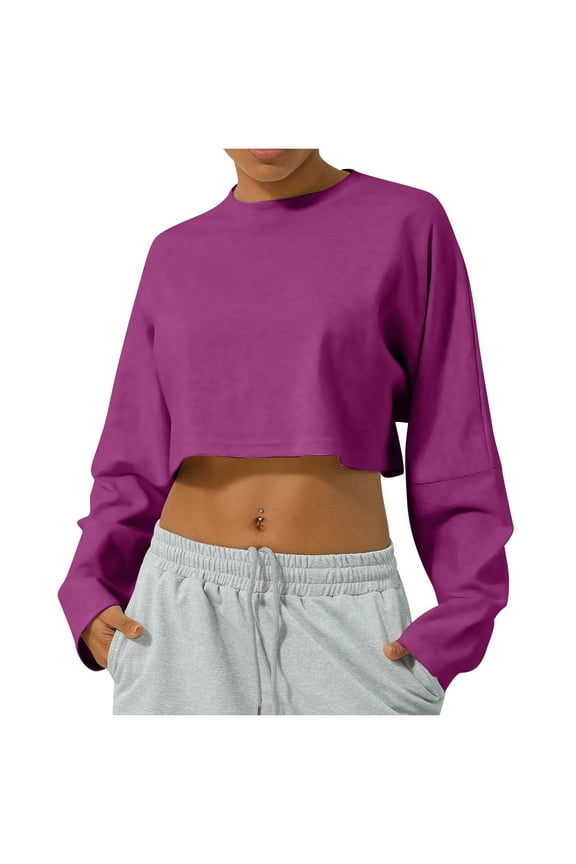 Womens L Loose Fit Crew Neck Long Sleeve Cropped T Shirts Basic Tight Trummy Control Tops