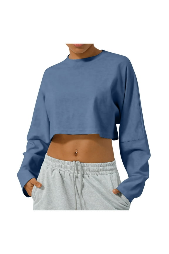 Womens L Loose Fit Crew Neck Long Sleeve Cropped T Shirts Basic Tight Trummy Control Tops