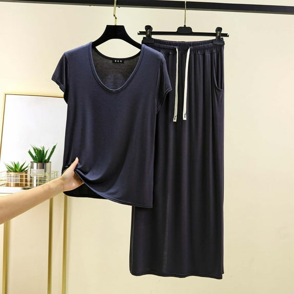 Mingw Pajamas for Women Set Fashion Women's Solid Color Round Neck High Waist Half Length Pants Pajama Set