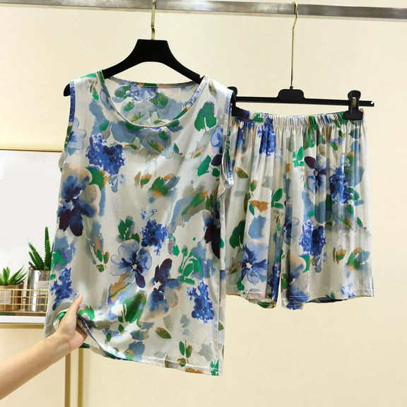 Mingw Pajamas for Women Set Women's Bohemian Style Printed Sleeveless Ruffle Tank Top Matched Peer Short Pant for Bedtime Essential and Slumber Party