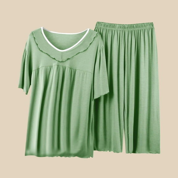 Mingw Pajamas for Women Set Women's Ruffle Neck Design Cotton Short Sleeved Shirt and Wed Long Straight Pant for Bedtime Essential