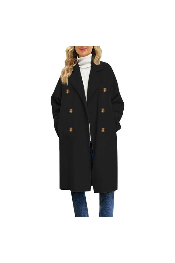Pea Coat for Women Cocoon Straight Double Breasted Wool Coat Business Midi Long Winter Thrench Coat,L,Black
