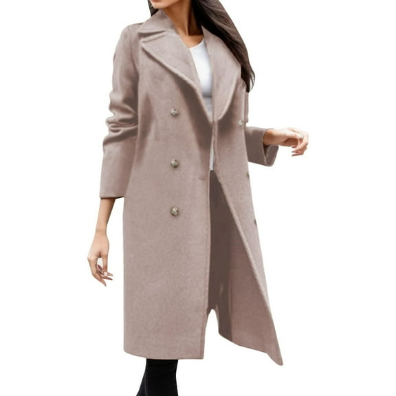 Mingw Pea Coat for Women Cocoon Straight Double Breasted Wool Coat Business Midi Long Winter Thrench Coat,L,Khaki