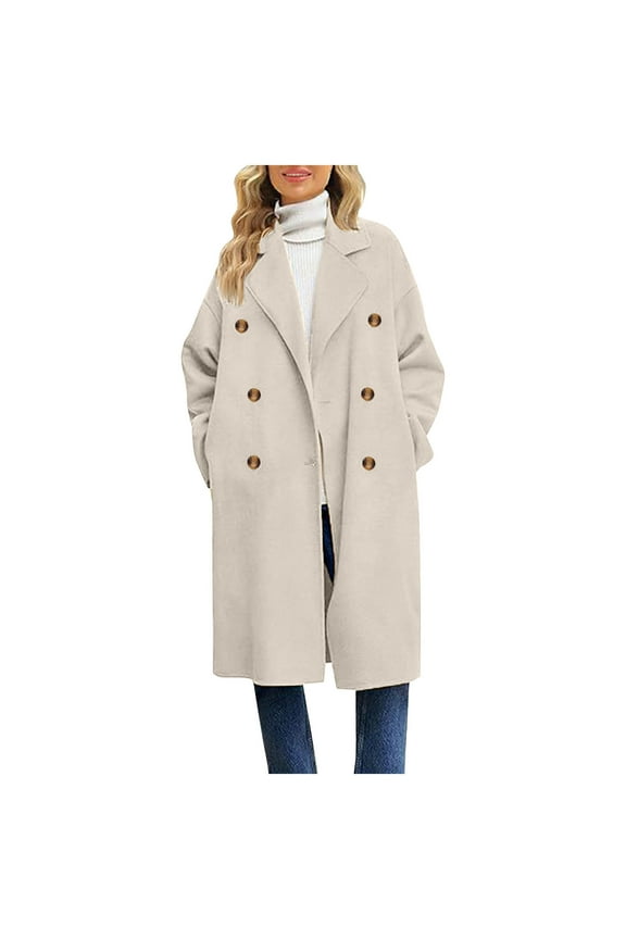 Pea Coat for Women Cocoon Straight Double Breasted Wool Coat Business Midi Long Winter Thrench Coat,M,White