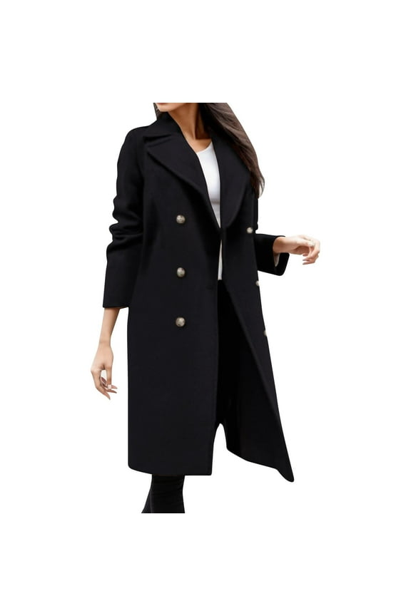 Pea Coat for Women Cocoon Straight Double Breasted Wool Coat Business Midi Long Winter Thrench Coat,XL,Black