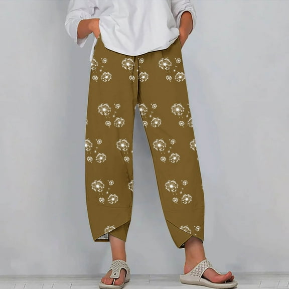 Mingw Plus Size CLothes for Women Elastic Drawstring Capri Pant Floral Loose Fit Mid Rise Wide Leg Trousers,Sizes:S-5XL